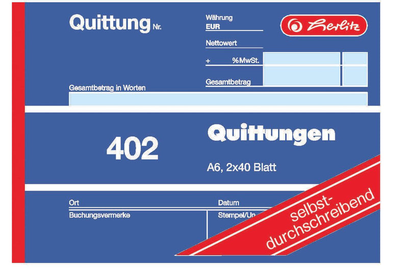 herlitz Formularbuch Quittung mit MwSt. separat ausgewiesen DIN A6 quer 2x 40 Seiten