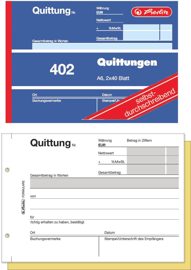 herlitz Formularbuch Quittung mit MwSt. separat ausgewiesen DIN A6 quer 2x 40 Seiten
