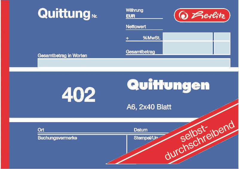 herlitz Formularbuch Quittung mit MwSt. separat ausgewiesen DIN A6 quer 2x 40 Seiten