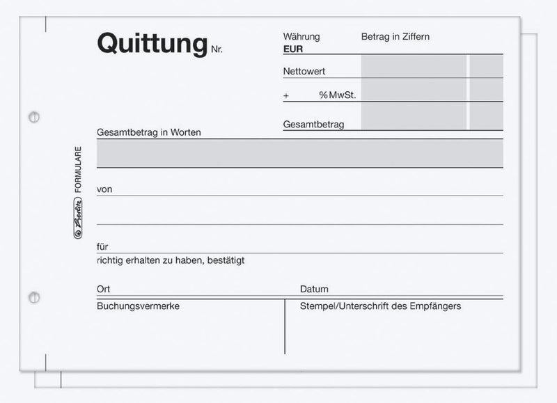 herlitz Formularbuch Quittung mit MwSt. separat ausgewiesen DIN A6 quer 2x 50 Seiten