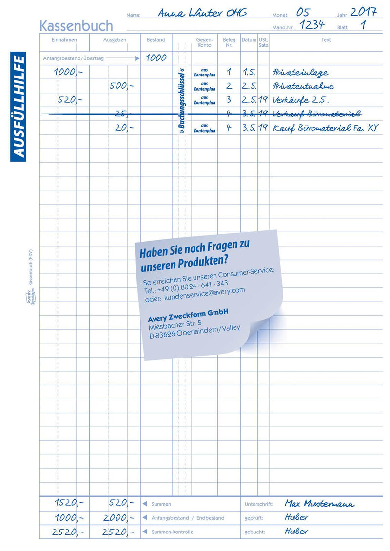 AVERY Zweckform Formularbuch Kassenbuch/EDV DIN A4 1x 100 Seiten