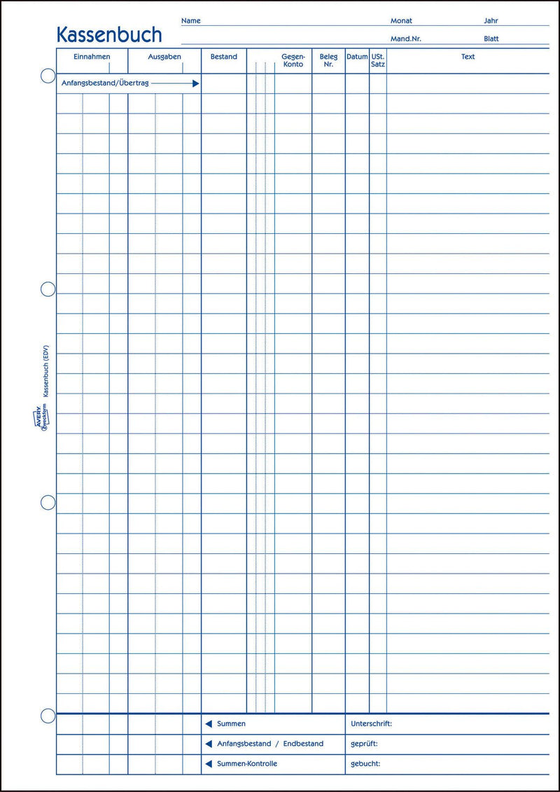 AVERY Zweckform Formularbuch Kassenbuch/EDV DIN A4 1x 100 Seiten