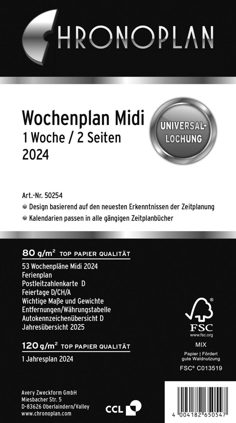 CHRONOPLAN Kalendereinlage 2024 Midi 1 Woche/2 Seiten