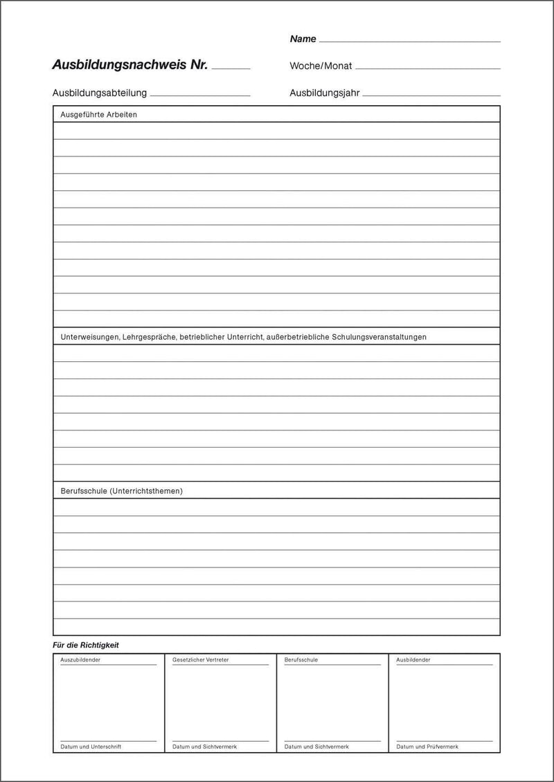 RNK-Verlag Formularbuch Ausbildungsnachweis, wöchentliche/monatliche Eintragungen DIN A4 56 Seiten