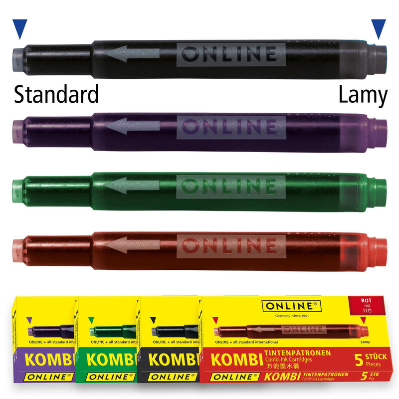 ONLINE® Tintenpatronen für Füller 5x lila, 5x grün, 5x schwarz, 5x rot