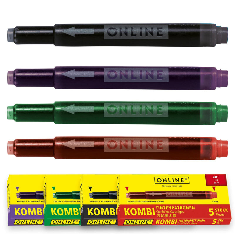 ONLINE® Tintenpatronen für Füller 5x lila, 5x grün, 5x schwarz, 5x rot