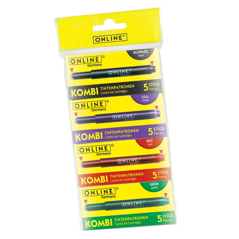 ONLINE® Tintenpatronen für Füller 5x lila, 5x grün, 5x schwarz, 5x rot