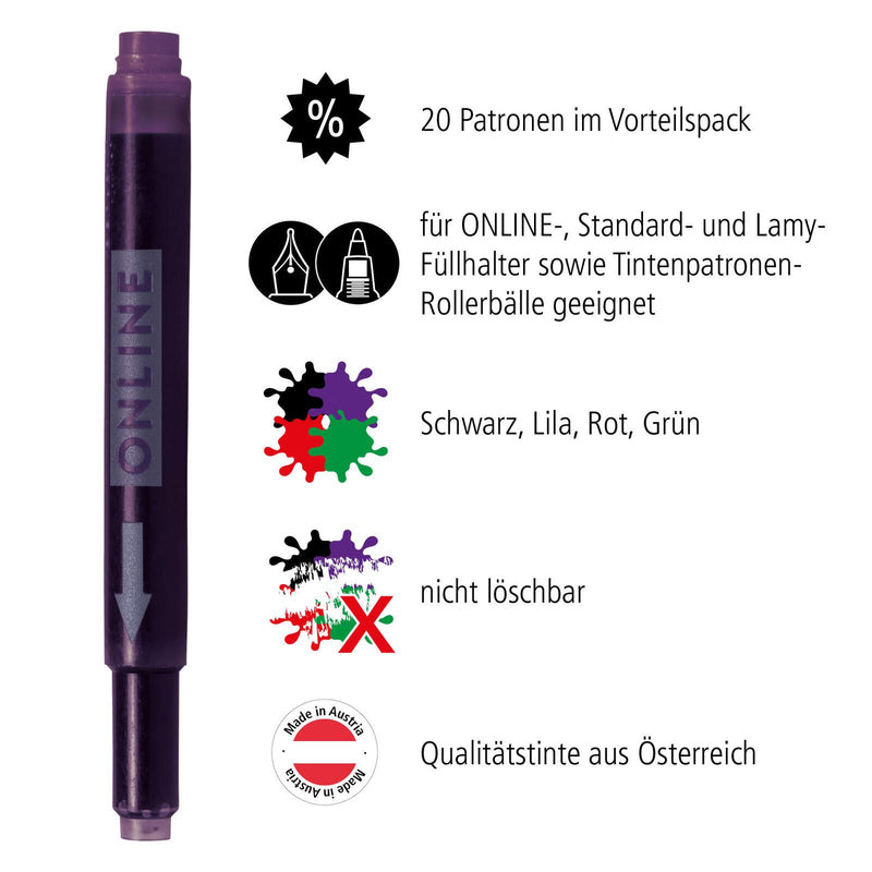 ONLINE® Tintenpatronen für Füller 5x lila, 5x grün, 5x schwarz, 5x rot
