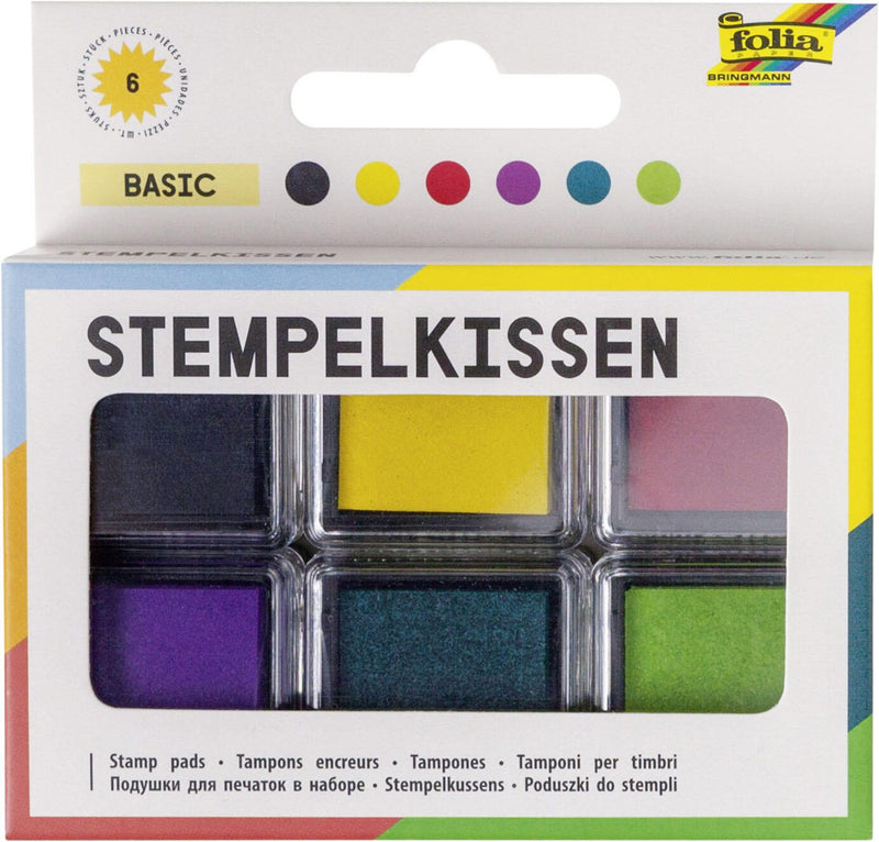 folia Stempelkissen 6x 2,4 x 2,4 cm schwarz, gelb, rot, lila, türkis, grün