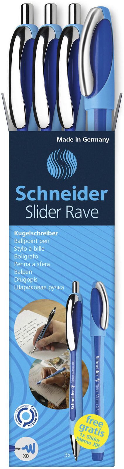 Schneider Kugelschreiber Slider Rave XB blau, 3 St. + GRATIS Schneider Kugelschreiber Slider Memo XB