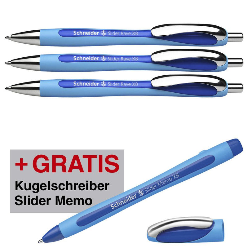Schneider Kugelschreiber Slider Rave XB blau, 3 St. + GRATIS Schneider Kugelschreiber Slider Memo XB