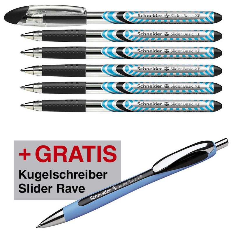 Schneider Kugelschreiber Slider Basic schwarz, 6 St. + GRATIS Slider Kugelschreiber Rave XB, schwarz