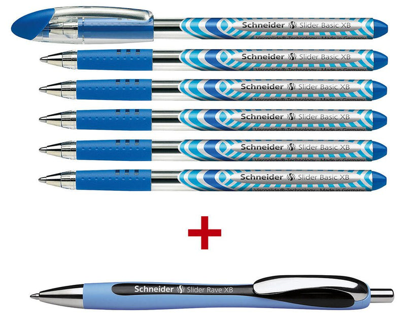 Schneider Kugelschreiber Slider Basic blau, 6 St. + GRATIS Slider Kugelschreiber Rave XB, blau