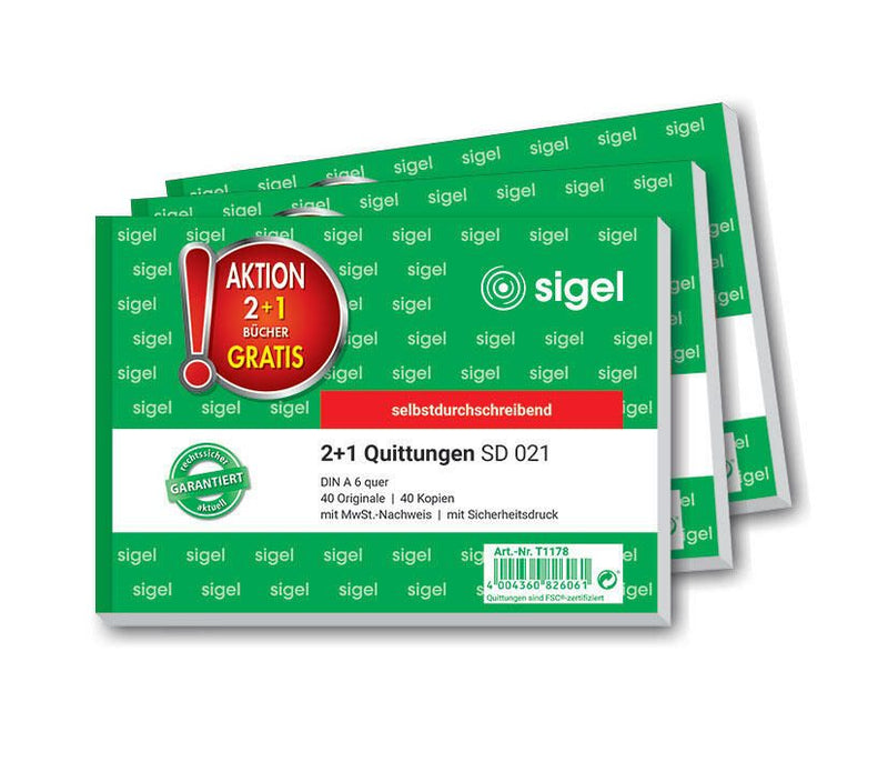 SIGEL Quittungen, MwSt. separat ausgewiesen Formularbücher T1178 + GRATIS 1 St.