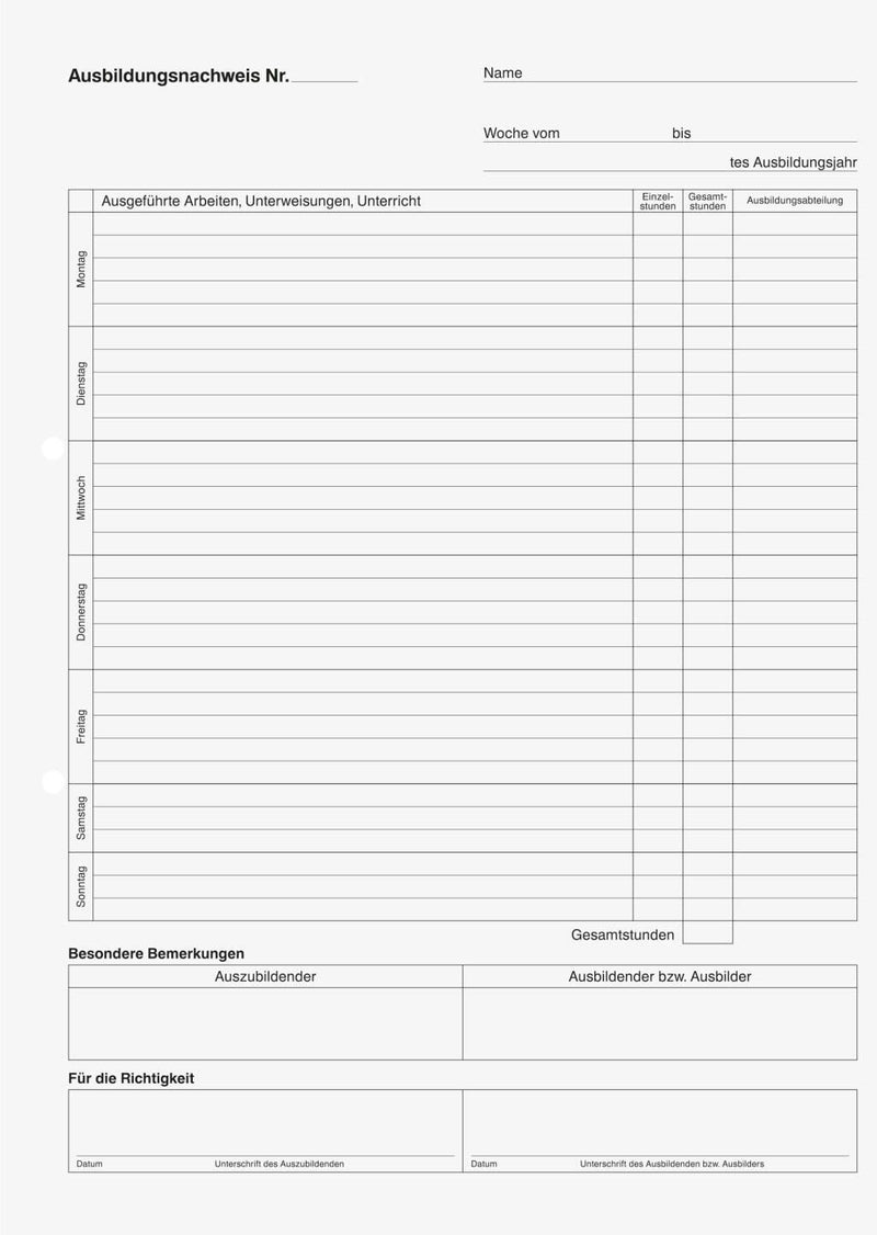 BRUNNEN Formularbuch Ausbildungsnachweis, tägliche Eintragungen DIN A4 1x 28 Seiten
