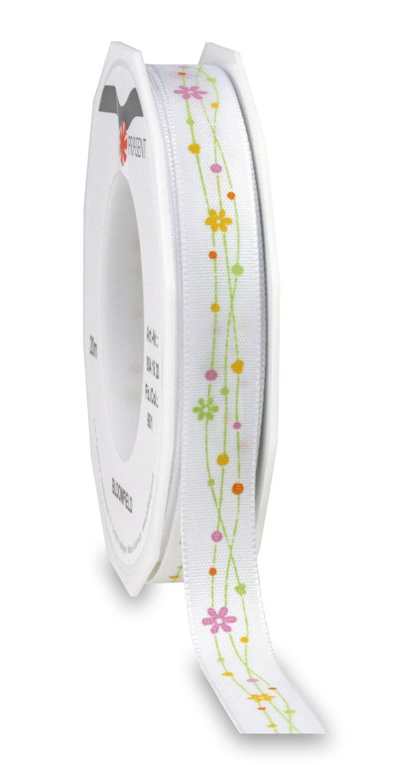 PRÄSENT Geschenkband Blumen 15 mm x 20 m weiß