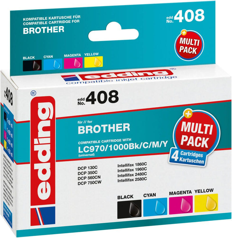 edding Druckerpatronen EDD-408 schwarz, cyan, magenta, gelb kompatibel zu brother LC-970/1000BK/C/M/Y, 4er-Set