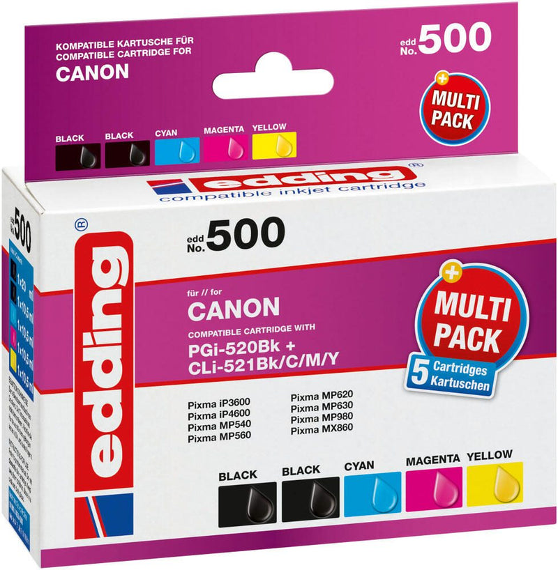 edding Druckerpatronen EDD-500 schwarz, cyan, magenta, gelb kompatibel zu Canon PGI-520 BK, CLI-521 BK/C/M/Y, 5er-Set