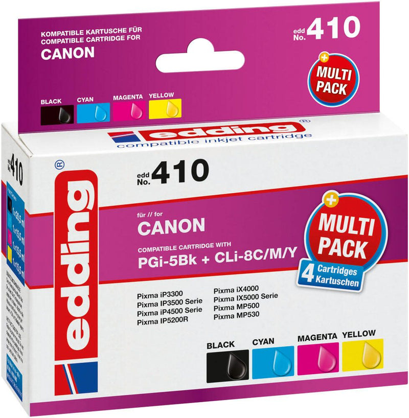 edding Druckerpatronen EDD-410 schwarz, cyan, magenta, gelb kompatibel zu Canon PGI-5 BK, CLI-8 C/M/Y, 4er-Set