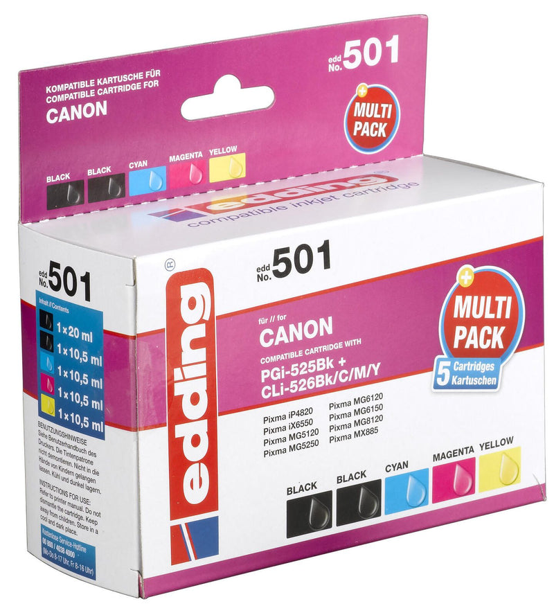 edding Druckerpatronen EDD-501 2x schwarz, cyan, magenta, gelb kompatibel zu Canon PGI-525 BK, CLI-526 BK/C/M/Y, 5er-Set