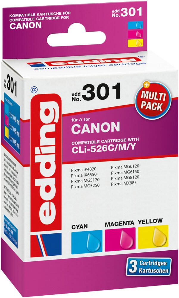 edding Druckerpatronen EDD-301 cyan, magenta, gelb kompatibel zu Canon CLI-526 C/M/Y, 3er-Set