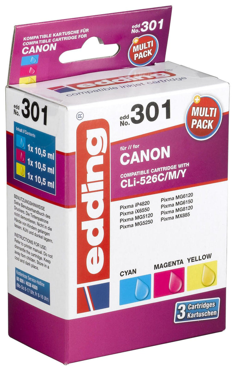 edding Druckerpatronen EDD-301 cyan, magenta, gelb kompatibel zu Canon CLI-526 C/M/Y, 3er-Set