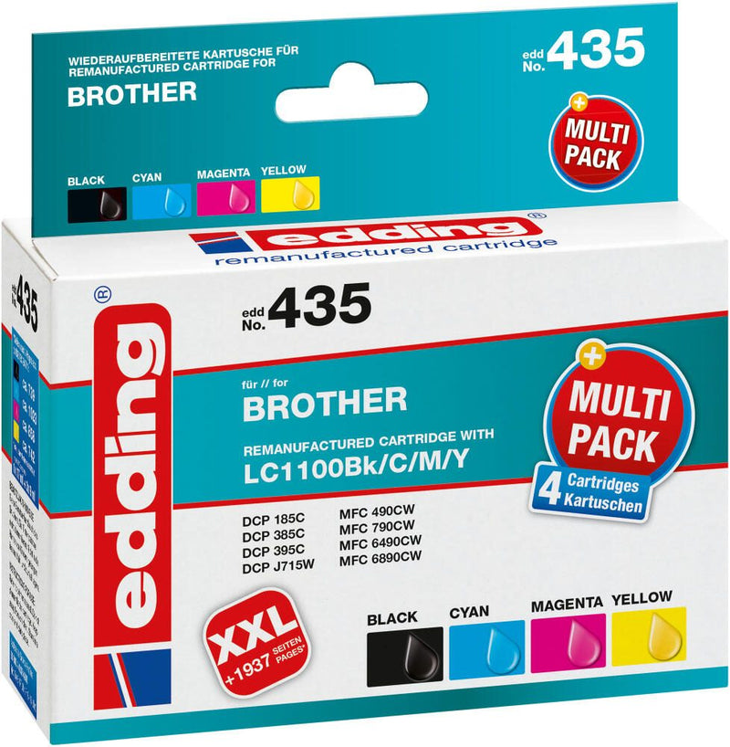edding Druckerpatronen EDD-435 schwarz, cyan, magenta, gelb kompatibel zu brother LC-1100BK/C/M/Y, 4er-Set