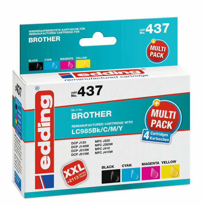 edding Druckerpatronen EDD-437 schwarz, cyan, magenta, gelb kompatibel zu brother LC-985BK/C/M/Y, 4er-Set