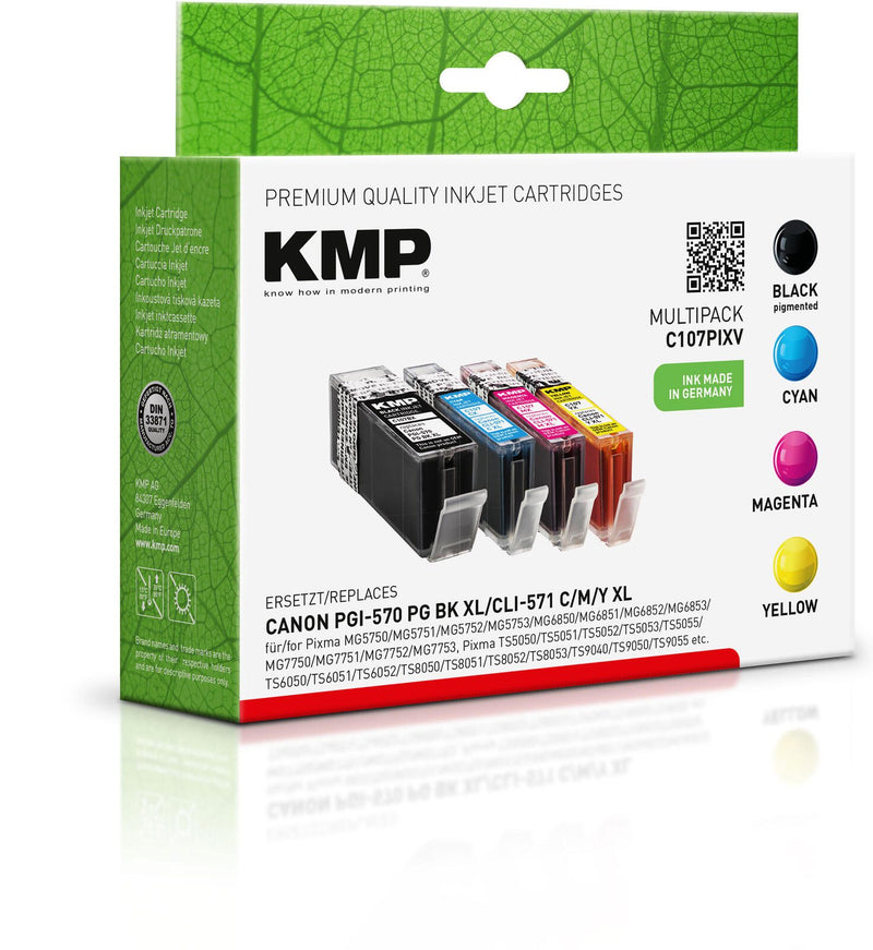 KMP Druckerpatronen C107PIXV schwarz, cyan, magenta, gelb kompatibel zu Canon PGI-570 XL PGBK, CLI-571 XL C/M/Y, 4er-Set