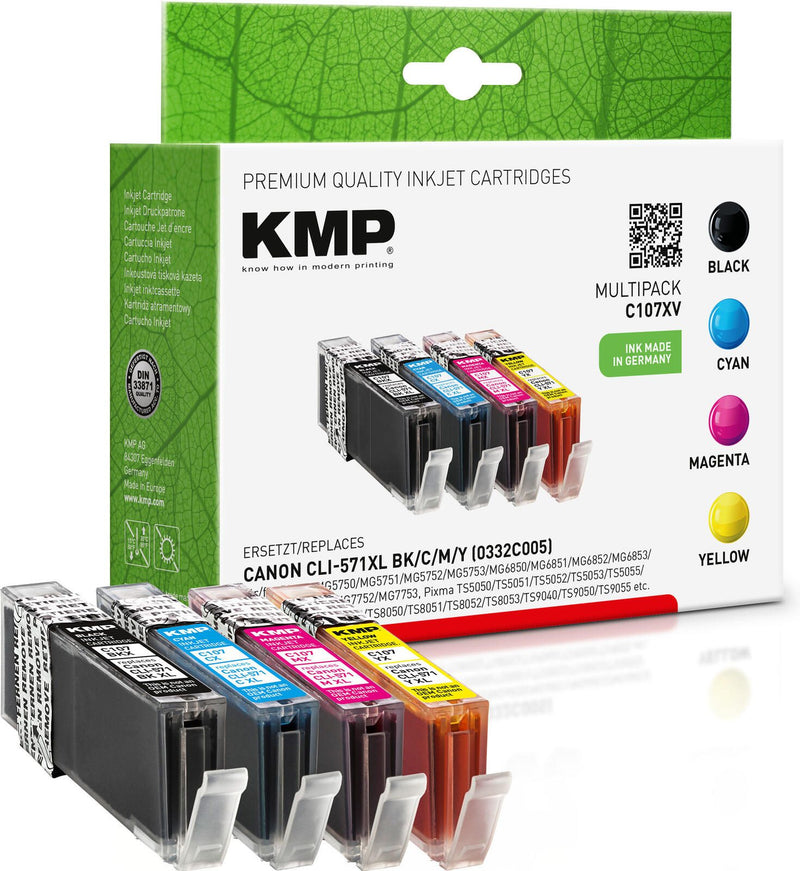 KMP Druckerpatronen C107XV schwarz, cyan, magenta, gelb kompatibel zu Canon CLI-571 XL BK/C/M/Y, 4er-Set