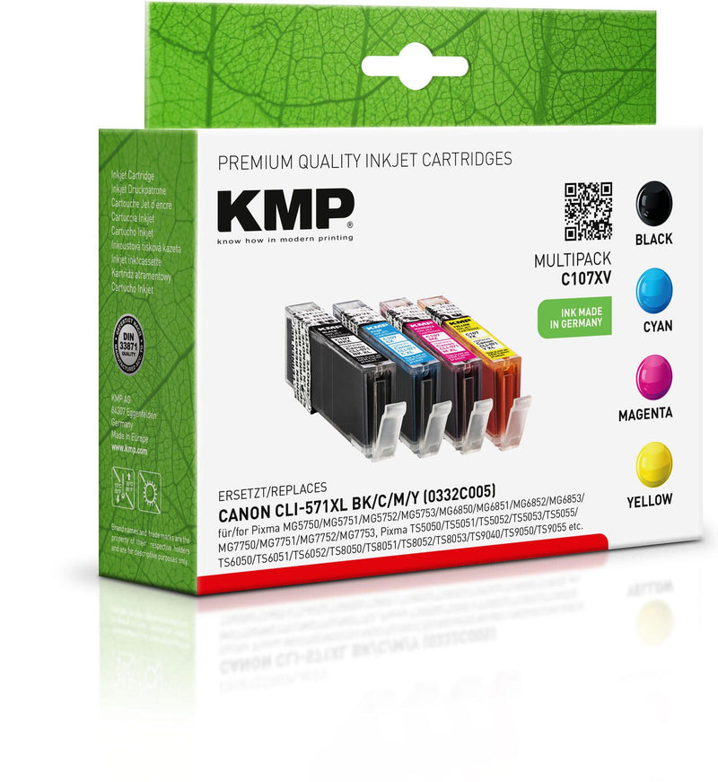 KMP Druckerpatronen C107XV schwarz, cyan, magenta, gelb kompatibel zu Canon CLI-571 XL BK/C/M/Y, 4er-Set