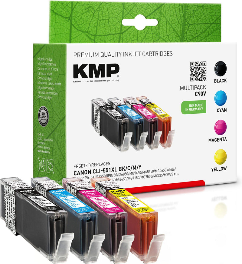 KMP Druckerpatronen C90V schwarz, cyan, magenta, gelb kompatibel zu Canon CLI-551 XL BK/C/M/Y, 4er-Set