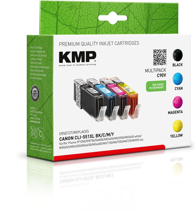 KMP Druckerpatronen C90V schwarz, cyan, magenta, gelb kompatibel zu Canon CLI-551 XL BK/C/M/Y, 4er-Set