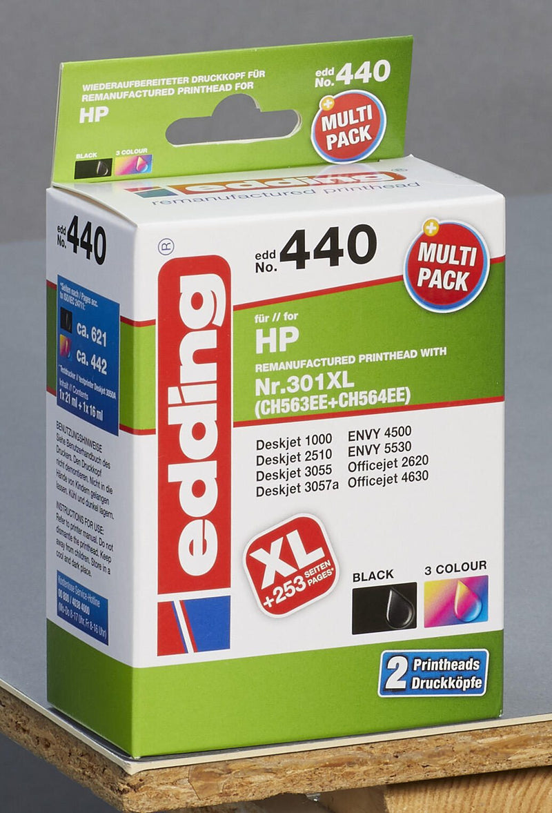 edding Druckerpatronen EDD-440 schwarz, color kompatibel zu HP 301XL (CH563EE/CH564EE), 2er-Set