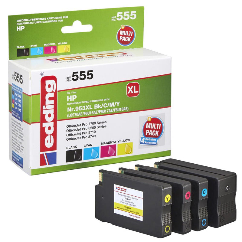 edding Druckerpatronen EDD-555 schwarz, cyan, magenta, gelb kompatibel zu HP 953XL (3HZ52AE), 4er-Set