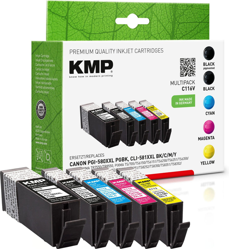 KMP Druckerpatronen C116V 2x schwarz, 1x cyan, 1x magenta, 1x gelb kompatibel zu Canon PGI-580XXL PGBK, CLI 581XXL BK/C/