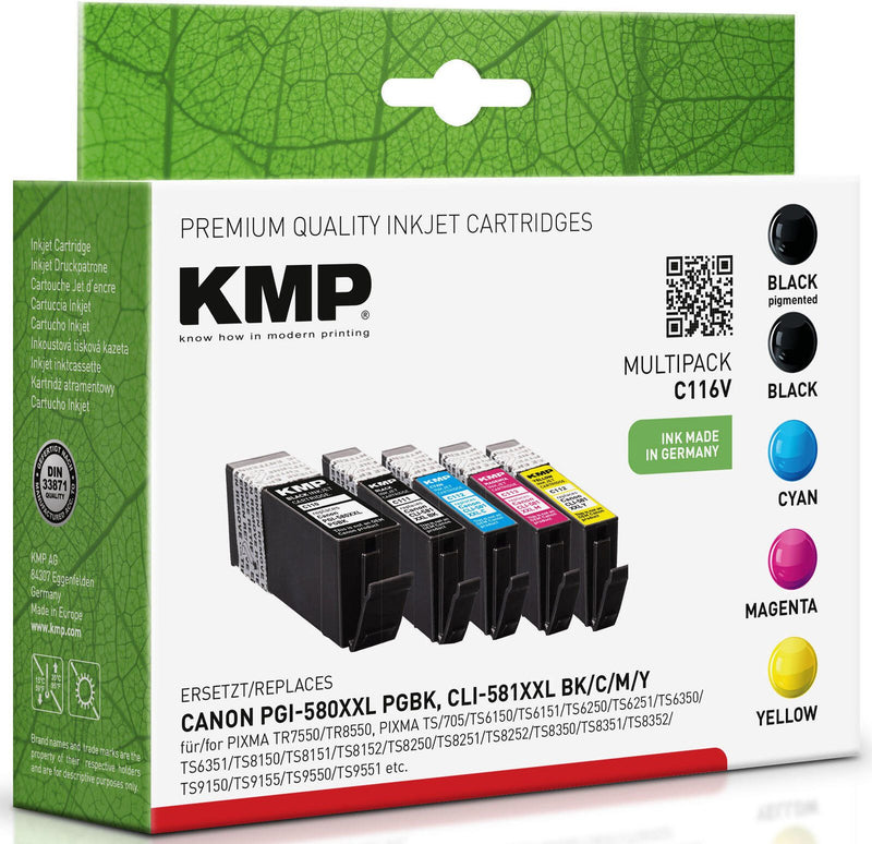 KMP Druckerpatronen C116V 2x schwarz, 1x cyan, 1x magenta, 1x gelb kompatibel zu Canon PGI-580XXL PGBK, CLI 581XXL BK/C/