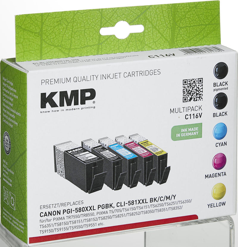 KMP Druckerpatronen C116V 2x schwarz, 1x cyan, 1x magenta, 1x gelb kompatibel zu Canon PGI-580XXL PGBK, CLI 581XXL BK/C/