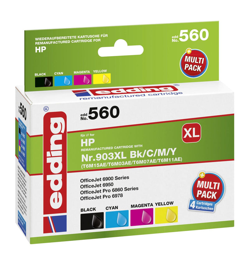 edding Druckerpatronen EDD-560 schwarz, cyan, magenta, gelb kompatibel zu HP 903XL (3HZ51AE), 4er-Set