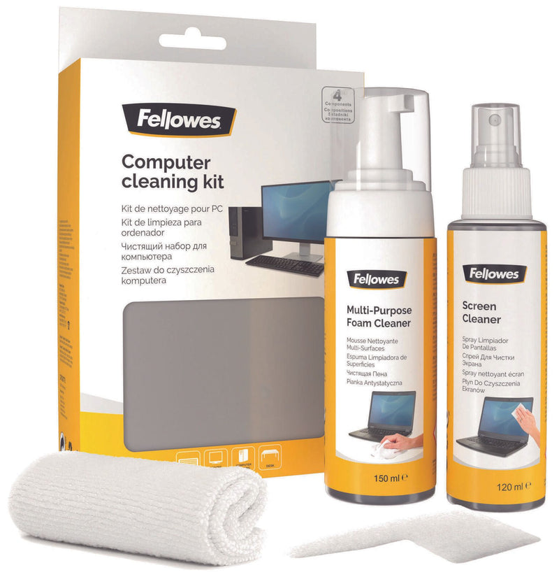 Fellowes Reinigungs-Set 120 ml Bildschirmreiniger, 150 ml Schaumreiniger, Mikrofasertuch, Tastatur-Reinigungswerkzeug