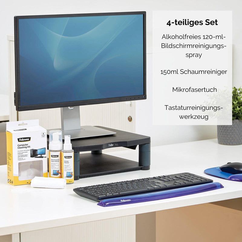 Fellowes Reinigungs-Set 120 ml Bildschirmreiniger, 150 ml Schaumreiniger, Mikrofasertuch, Tastatur-Reinigungswerkzeug