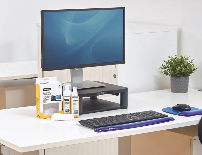 Fellowes Reinigungs-Set 120 ml Bildschirmreiniger, 150 ml Schaumreiniger, Mikrofasertuch, Tastatur-Reinigungswerkzeug