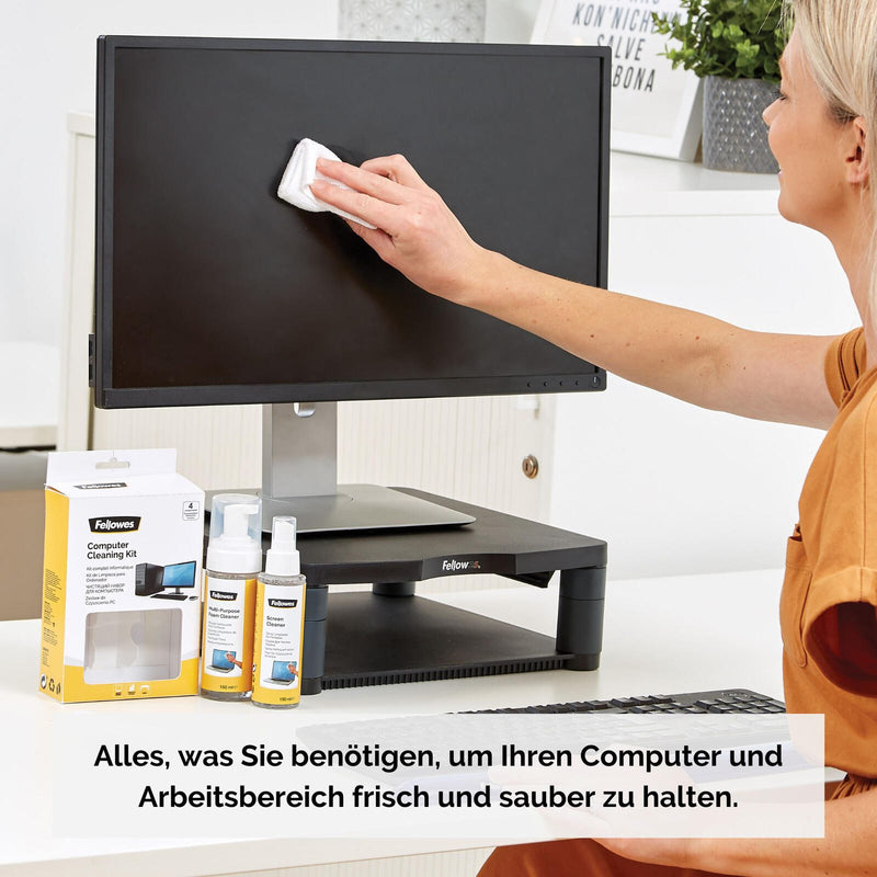Fellowes Reinigungs-Set 120 ml Bildschirmreiniger, 150 ml Schaumreiniger, Mikrofasertuch, Tastatur-Reinigungswerkzeug
