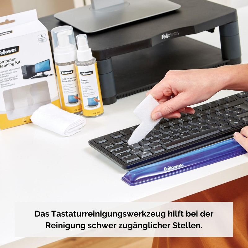 Fellowes Reinigungs-Set 120 ml Bildschirmreiniger, 150 ml Schaumreiniger, Mikrofasertuch, Tastatur-Reinigungswerkzeug