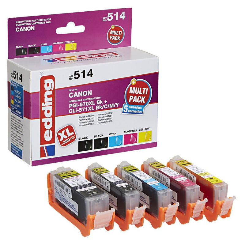 edding Druckerpatronen EDD-514 schwarz, cyan, magenta, gelb kompatibel zu Canon PGI-570XL/CLI-571XL BK/C/M/Y, 5er-Set