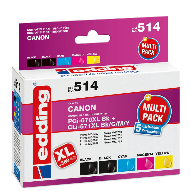 edding Druckerpatronen EDD-514 schwarz, cyan, magenta, gelb kompatibel zu Canon PGI-570XL/CLI-571XL BK/C/M/Y, 5er-Set