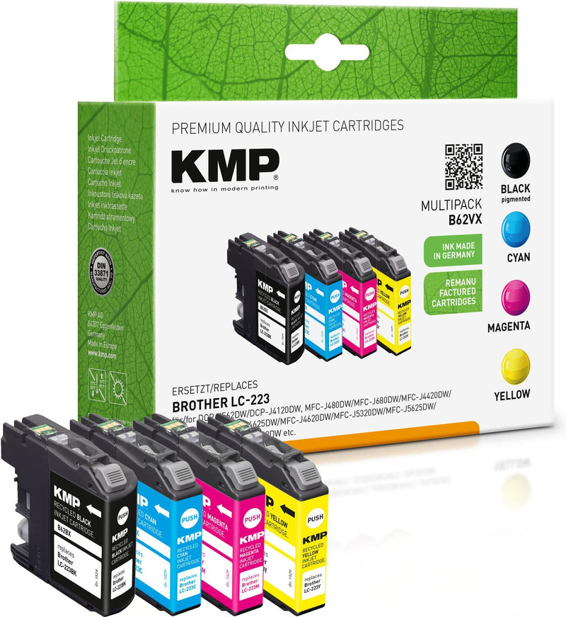 KMP Druckerpatronen B62VX schwarz, cyan, magenta, gelb kompatibel zu brother LC-223BK/C/M/Y, 4er-Set