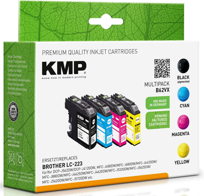 KMP Druckerpatronen B62VX schwarz, cyan, magenta, gelb kompatibel zu brother LC-223BK/C/M/Y, 4er-Set