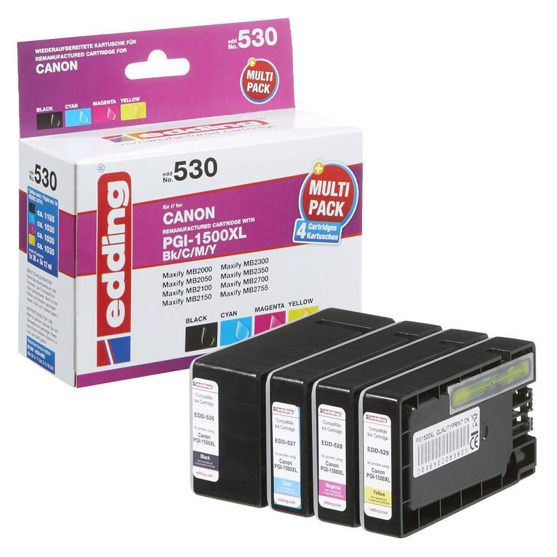 edding Druckerpatronen EDD-530 schwarz, cyan, magenta, gelb kompatibel zu Canon PGI-1500 XL BK/C/M/Y, 4er-Set