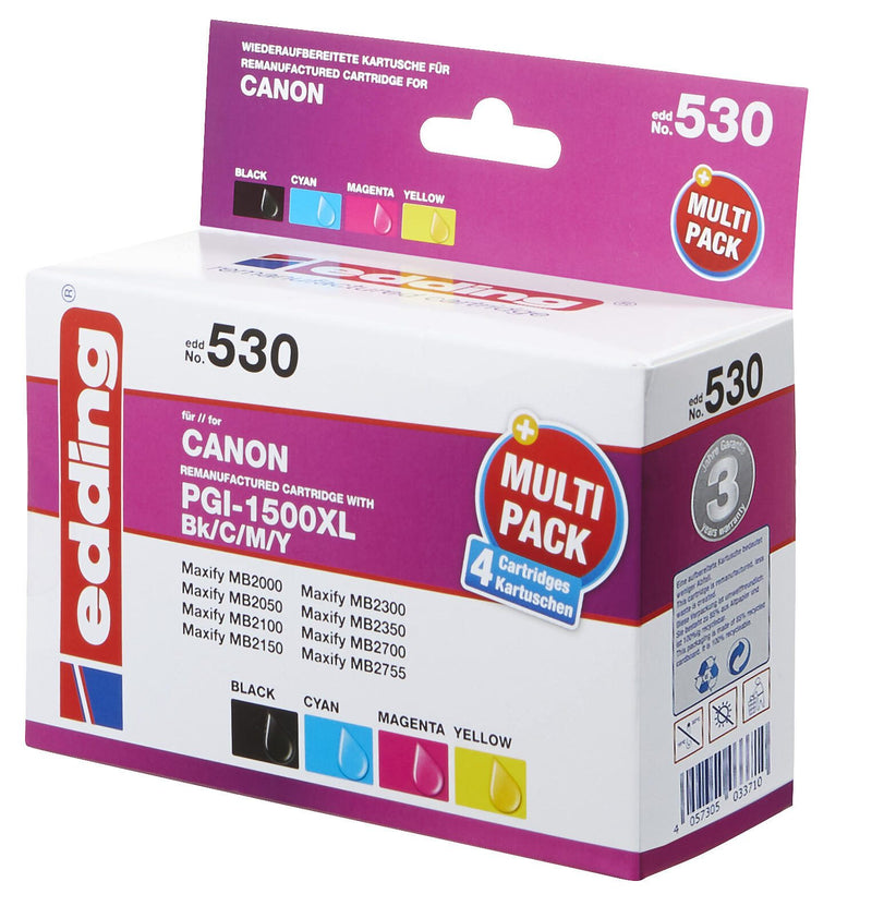 edding Druckerpatronen EDD-530 schwarz, cyan, magenta, gelb kompatibel zu Canon PGI-1500 XL BK/C/M/Y, 4er-Set